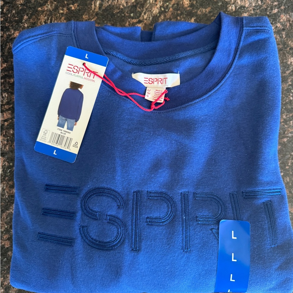 NWT Esprit Blue Embroidered Logo Crewneck Sweatshirt Large L